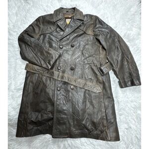 1950s Vintage Steer Hide Leather Overcoat Trench Front Quarter Men 42 Brown Rare